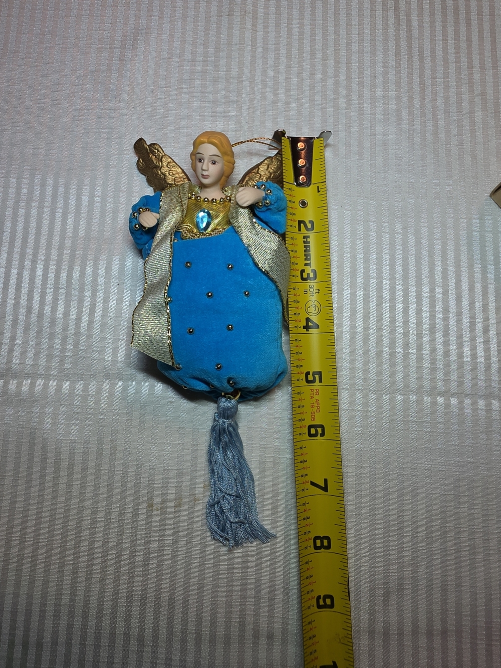 Vintage Avon Angel Velvet Christmas Ornament March Aqua Marine Zircon Tassel 8"
